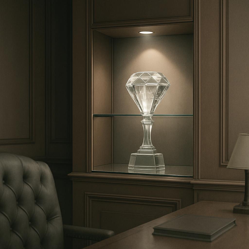 Crystal diamond trophy in a felt-covered, locked display box at a lawyer's or judge's office.