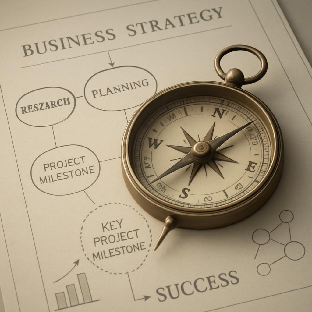 The alt text reads: "A compass with a business strategy chart on a book page. The compass is in focus, with the chart feat...
