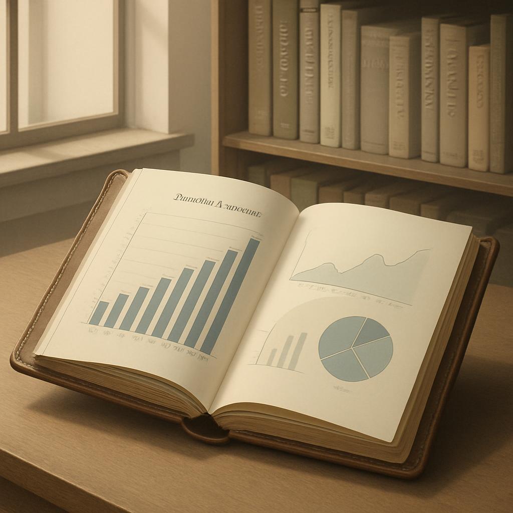 An open book displaying three bar and pie charts above a wooden table with a bookshelf running along the wall.