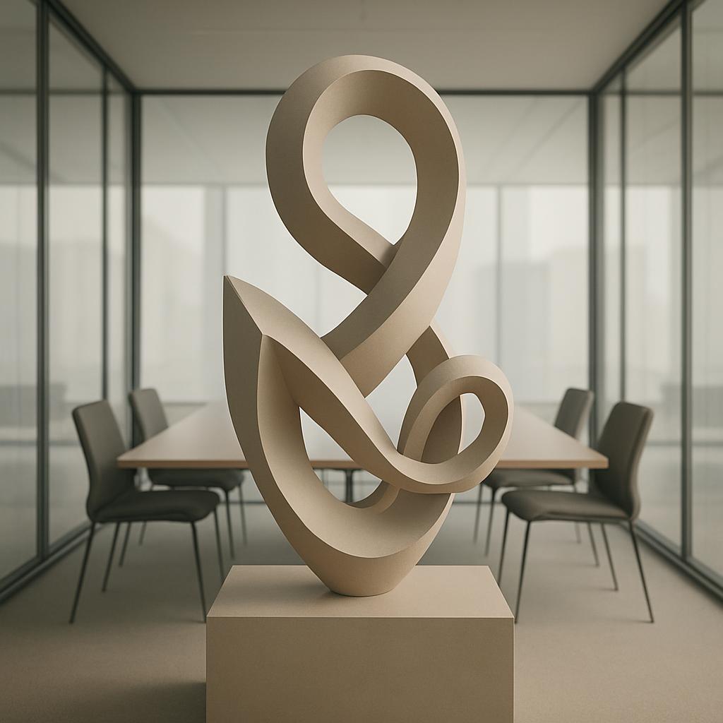 A modern sculpture made of light-colored material, featuring intertwined loops and lines on a pedestal in a minimalist off...