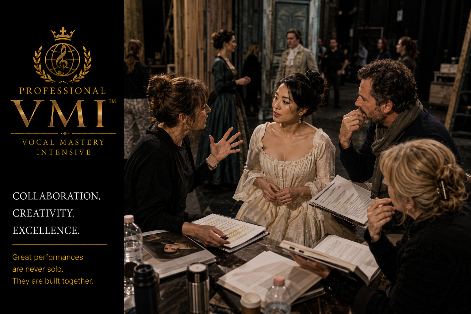 Professional opera artists collaborating with specialists backstage