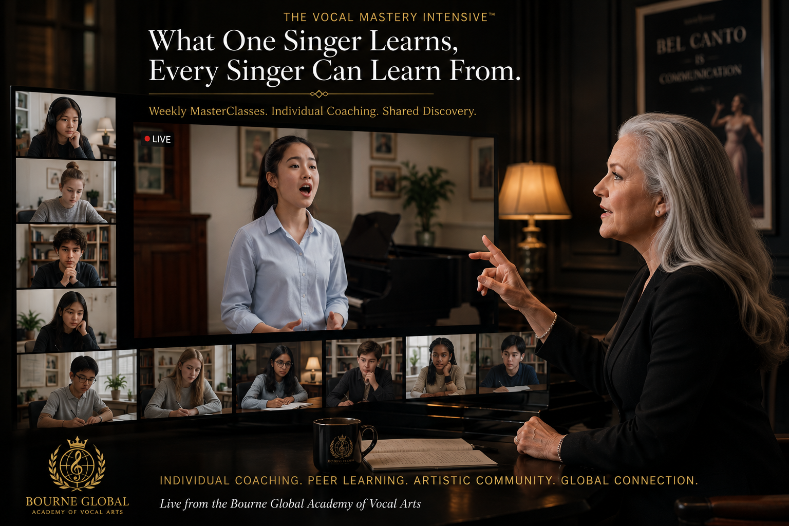 Young vocal artists learning together in a global masterclass