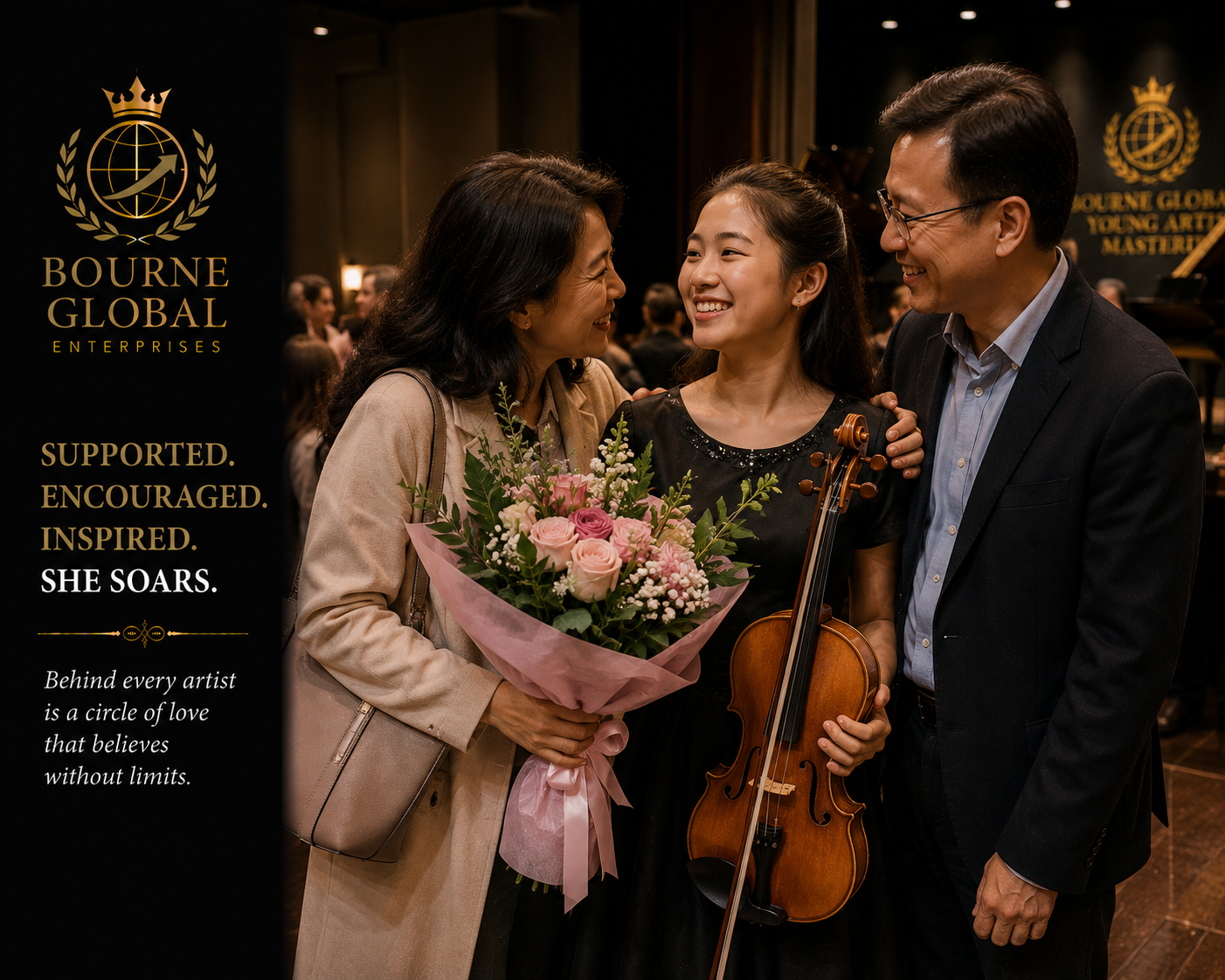 Proud family celebrating a young artist after a performance