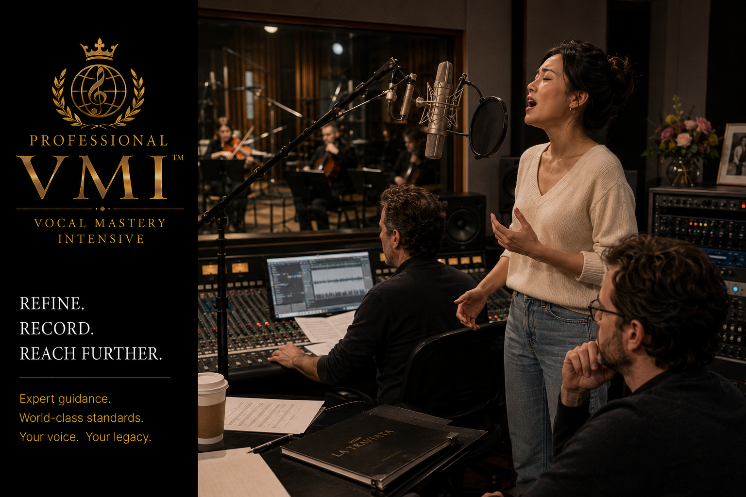 Professional singer recording with musicians and studio team
