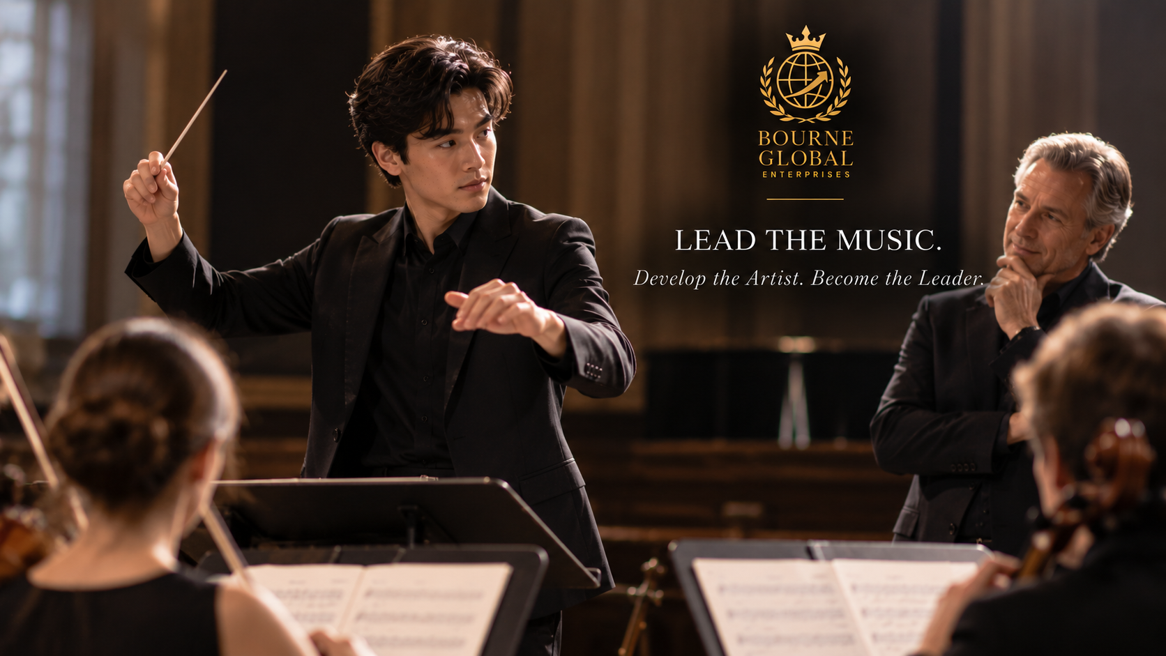 Young conductor receiving professional mentorship from an experienced music educator
