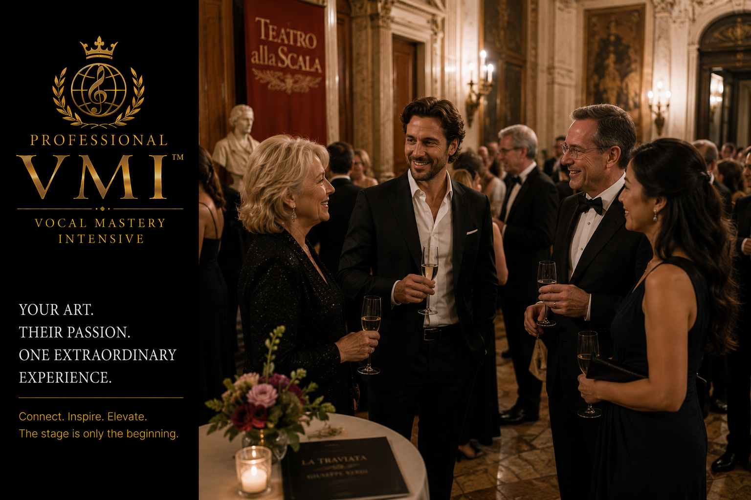 Professional opera artists at an opening night reception